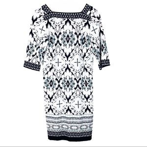 Studio One Square Neckline Midi Dress | White Blue | Size Medium